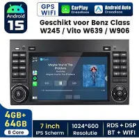 Hexinex 7" autoradio Geschikt voor Benz B200 W169 W245 W639 - Draadloos CarPlay, Android Auto, GPS Navi, Android-systeem, DAB+ multimediaspeler, 4+64GB