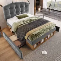 Merax 90x200cm gestoffeerd bed - met gebogen en in hoogte verstelbaar hoofdeinde - met lade en opbergruimte - zonder matras - grijs