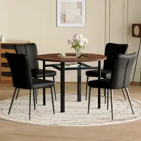 MODFU - Eettafelset - Ronde Tafel Met Glasinzet En Glasplank - Modern - Glas Metaal Kunstleer - Bruin Zwart - 100 cm
