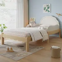 MODFU - Kinderbed - Bekleed Hoofdbord En Zijhekken - Lattenbodem - Houten Frame - Beige En Naturel - 90 x 200 cm