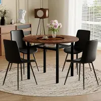 STILVORA Eettafelset 100 Cm - Ronde Tafel Met Opbergplateau En 4 Stoelen - Voor Eetkamer En Keuken - Glas Metaal Bruin Zwart