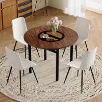 MODFU - Eetkamerset - Ronde Tafel Met Glasinzet En Opbergplateau - Modern - MDF, Glas, Metaal En PU - Bruin, Zwart En Wit