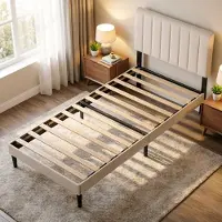 CECIPA KUTAS Gestoffeerd Bed - Eenpersoonsbed - 90x200 CM - Heavy Duty Metalen Bedframe - Met Hoogte Verstelbaar Hoofdeinde en Lattenbodem - Opbergruimte Onder Bed - Draagkracht 480 kg - Beige