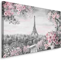 Karo-art Schilderij - Prachtig uitzicht op de Eiffeltoren, Parijs (Print op canvas), zwart-wit/roze, 4 maten