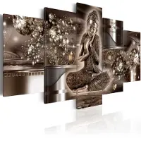 Karo-art Schilderij - Innerlijke harmonie Boeddha, 5 luik, Bruin/Wit, 2 maten, Premium print op echt Italiaans canvas, voor slaapkamer en woonkamer, wanddecoratie