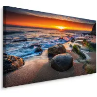 Karo-art Schilderij - Strand met rotsen met zonsondergang , Wanddecoratie , Premium print