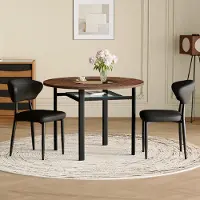 MODFU - Eettafelset - Ronde Tafel Met 2 Stoelen - Minimalistisch - Eetkamer Of Keuken - MDF Glas Metaal PU - Bruin Zwart - 100 cm