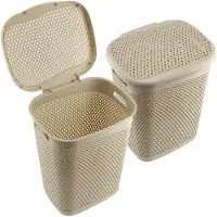 Kadax Plastic wasbak, lichte wasmand, wasverzamelaar van kunststof, luchtdoorlatende wasbox, met deksel (beige)
