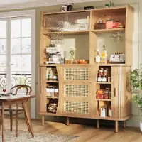 OKWISH Buffetkast – Met Glas Schuifdeuren En 3 Laden – 140x40,5x174,5 cm – Veel Opbergruimte Voor Keuken En Eetkamer – MDF Houtkleur