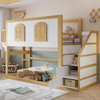 OKWISH Hoogslaper 90x200 cm - Met Speelruimte En Trapkast - Kinderbed Met Lattenbodem - Zonder Matras - Hout - Wit Naturel