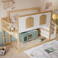 OKWISH Kinderbed 90x200 met opbergruimte en speelruimte, stapelbed met veiligheidsreling en raamontwerp, enkelbed wit, zonder matras