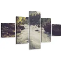 Karo-art Schilderij - Bergrivier in het Bos, 5 luik, Premium Print