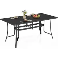 Costway Tuintafel, metalen, 160x84 cm, weerbestendige terras tafel met parasolgat, rechthoekige balkon tafel voor 6 personen, alleen voor buitengebruik, zwart