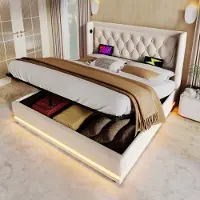 SINGULARITY -Gestoffeerd tweepersoonsbed 160 x 200 cm- beige- hydraulisch opbergbed- hoofdbord met USB Type-C- 3-zijdige LED- zonder matras