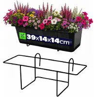 Kadax Bloempothouder, hangend, voor balustrade, balkon, terras, bloembak, binnen en buiten, plantenhouder van staal, bloembakhouder met haken, zwart (S, recht)