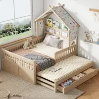 MODFU Huisvormig Bed 140x200 cm – Met uitschuifbed & 3 lades – Veiligheidshek – Crème