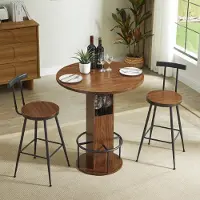 MODFU Luxe Industriële Bartafelset met 2 Barkrukken (Ø 80 cm) - Ronde Bistroset met Opbergruimte - Walnoot / Zwart