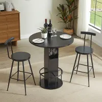 MODFU - Bartafel En Barkrukken Set - Rond Met Opbergruimte - Mid-Century Modern - Voor Eetkamer - Spaanplaat En Staal - Zwart - 80 Cm