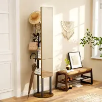 MODFU - Kapstok met Kledingrek en Spiegel - 135x30 cm - 360° Draaibaar - Staande kapstok voor Slaapkamer of Hal - Spaanplaat en Staal - Zwart/Bruin