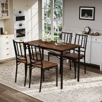 MODFU - Eethoek Met 4 Stoelen - Ruimtebesparend - Industrieel - Voor Keuken En Eetkamer - Spaanplaat En Staal - Walnoot - 110 x 60 x 76,5 cm