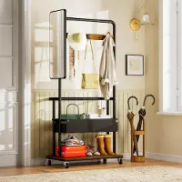 STILVORA Kledingrek Multifunctioneel – 70 x 40 x 170 cm – Staal En Spaanplaat – Zwart Bruin – Met Spiegel, Opbergtas En Wielen