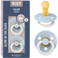 BIBS Colour Glow Speen verpakking van 2 stuks. BPA-vrij, Ronde speen. Natuurlijk rubberlatex, Gemaakt in Denemarken, Maat 2 (6-18 maanden), Baby Blue Glow
