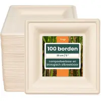 Haago – 100 Vierkante Bagasse Borden, 20cm – Stevig, Stijf & Lekvrij – Biologisch Afbreekbaar & Thuis Composteerbaar – Wegwerp