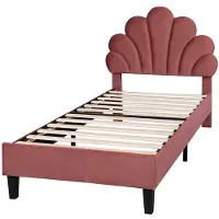 Merax Gestoffeerd Kinderbed 90x200 cm - Velvet Bed met Bloemvormig Verstelbaar Hoofdbord - Rood