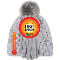Heat Holder Meisjes Cable Bobble Muts En Handschoenen Set - Frost Gray Melange