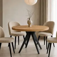Dekori.Interiors Eettafel voor 4–6 personen VENTO 110/160 cm, rond, uitschuifbaar, eiken Craft Goud met zwarte beukenhouten poten – Scandinavisch, loft