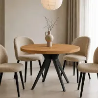 Dekori.Interiors Eettafel voor 4–8 personen VENTO 100/200 cm, rond, uitschuifbaar, eiken Lancelot met zwarte beukenhouten poten – Scandinavisch, loft