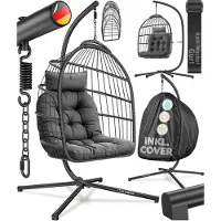 Aktiv shop GmbH Hangstoel met Standaard en Kussens - Opvouwbare Ei Hangstoel van PE-Rotan - Voor Tuin, Balkon, Terras en Woonkamer - Antraciet