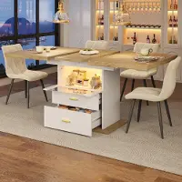 OKWISH Uitschuifbare Eettafel - Met Ledverlichting En Opbergruimte - Voor Keuken En Eetkamer - MDF Wit - 110-140x80x75 cm