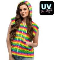 Boland - Bodywarmer Fluffy regenboog (L/XL) - Volwassenen - Niet van toepassing - Festival - Rave - Pride - UV blacklight - Teddy bodywarmer