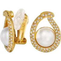 Traveller Clip Oorbellen - Oorclips Dames - Verguld - Parels - Wit - 10mm - Kristallen - Druppelvorm - 20x15mm - 114367