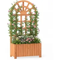 Costway Bloembak met klimrek, plantenbak voor klimplanten, verhoogd plantenbed met klimrek en drainage, bloempot voor tuin, balkon of privacyscherm, houten tuinrek, 61 x 30 x 121 cm, bruin