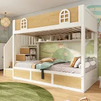 Sweiko Stapelbed - 90x200 cm - Met veiligheidsrails - Opbergruimte - Kinderbed - Wit + Natuurlijke