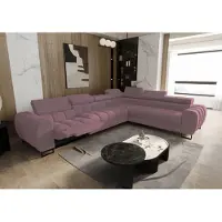 Fun-Möbel Eckbank met slaapfunctie, model BASTIEN RELAX, bekleed met stof Gemma in de kleur roze. Inclusief ottoman (voetbank) aan de rechterkant