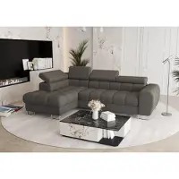 Fun-Möbel Eckbank met slaapfunctie, model BASTIEN, bekleed met stof Aragon in donkergrijze kleur, met een chaise longue aan de linkerkant