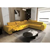 Fun-Möbel Eckbank met slaapfunctie, model BASTIEN RELAX, bekleed met stof Moly, kleur geel. Inclusief ottoman (voetbank) aan de rechterkant