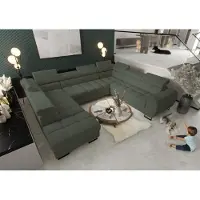 Fun-Möbel Zitmeubel met slaapbank BASTIEN XL, bekleed met stof Gemma in donkergroen, met een hocker aan de linkerkant