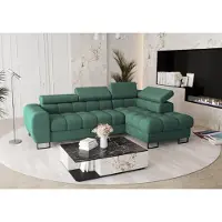 Fun-Möbel Eckbank met slaapfunctie, model BASTIEN, bekleed met stof Moly, kleur groen. Inclusief ottoman aan de rechterkant