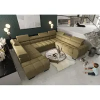 Fun-Möbel Zitmeubel met slaapbank BASTIEN XL, bekleed met stof Aragon in olijgroen, met een chaise longue aan de linkerkant