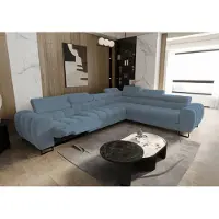 Fun-Möbel Eckbank met slaapfunctie, model BASTIEN RELAX, bekleed met stof in de kleuren terra en turquoise, met een ottoman aan de rechterkant