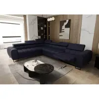 Fun-Möbel Eckbank met slaapfunctie, model BASTIEN RELAX, bekleed met stof in de kleuren terra en donkerblauw, met een ottoman aan de linkerkant