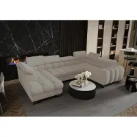 Fun-Möbel Zitmeubel met slaapbank BASTIEN, bekleed met stof in terra-beige kleur, met een hocker aan de linkerkant