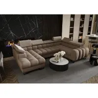 Fun-Möbel Zitmeubel met slaapbank BASTIEN, bekleed met stof Aragon in beige kleur, met een ottoman aan de linkerkant