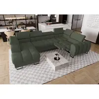 Fun-Möbel Zitmeubel met slaapbank, model BASTIEN RELAX, bekleed met stof Gemma in donkergroen, met een hocker aan de linkerkant