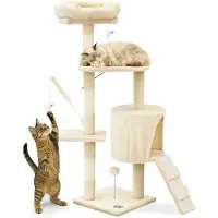 VOUNOT Kraboom, 112 cm, meerlaags kattenmeubel met krabpalen en een hol, beige