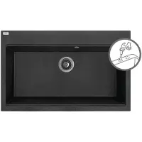 Laveo Granieten spoelbak, 1 kom, zwarte afwerking, 80x50 cm, temperatuurbestendig tot 250°C, inclusief ruimtebesparende sifon